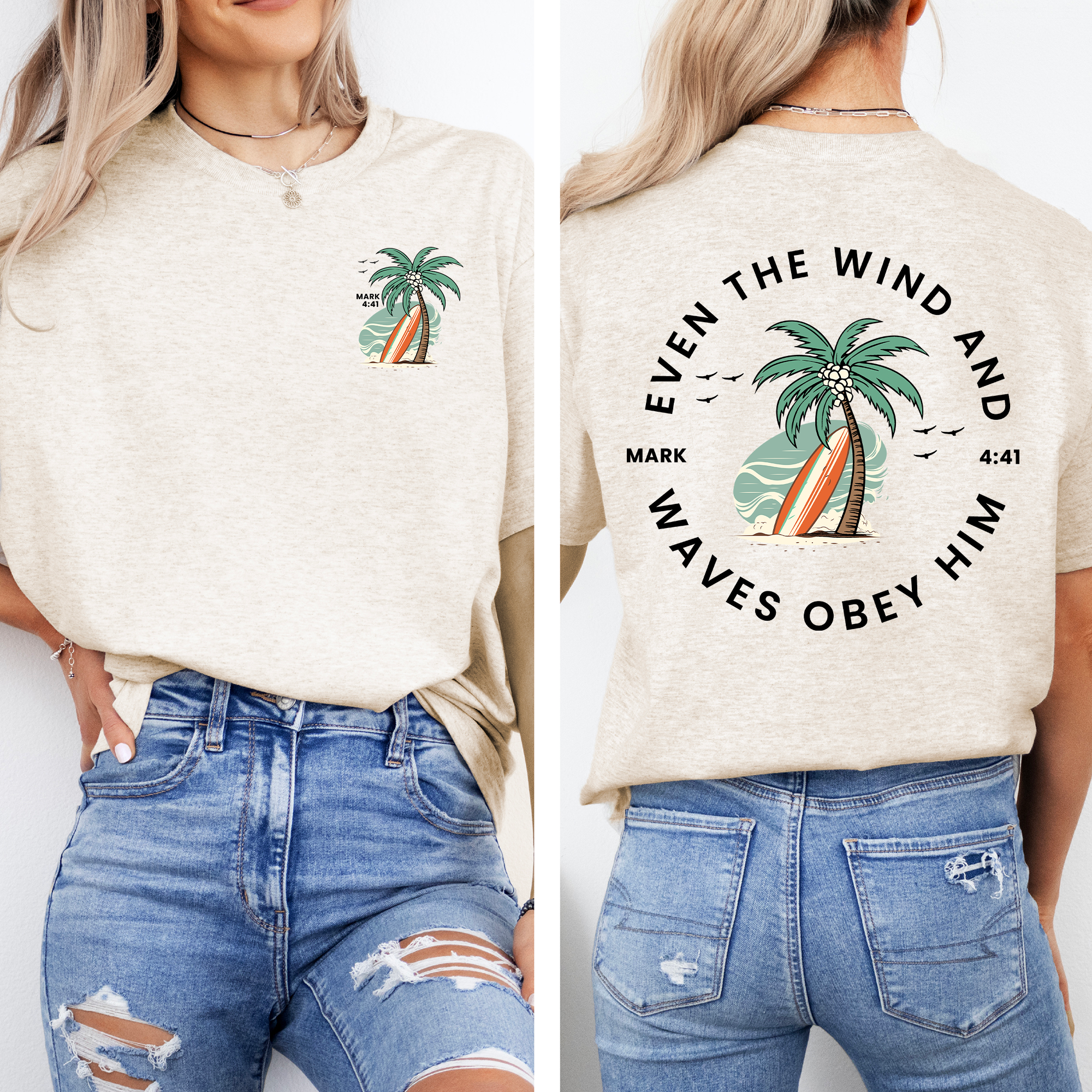 Even The Wind and the Waves, Christian Bible Verse Pattern T Shirt, Beachy Back Print Tops, Baptism, Ocean Shirt