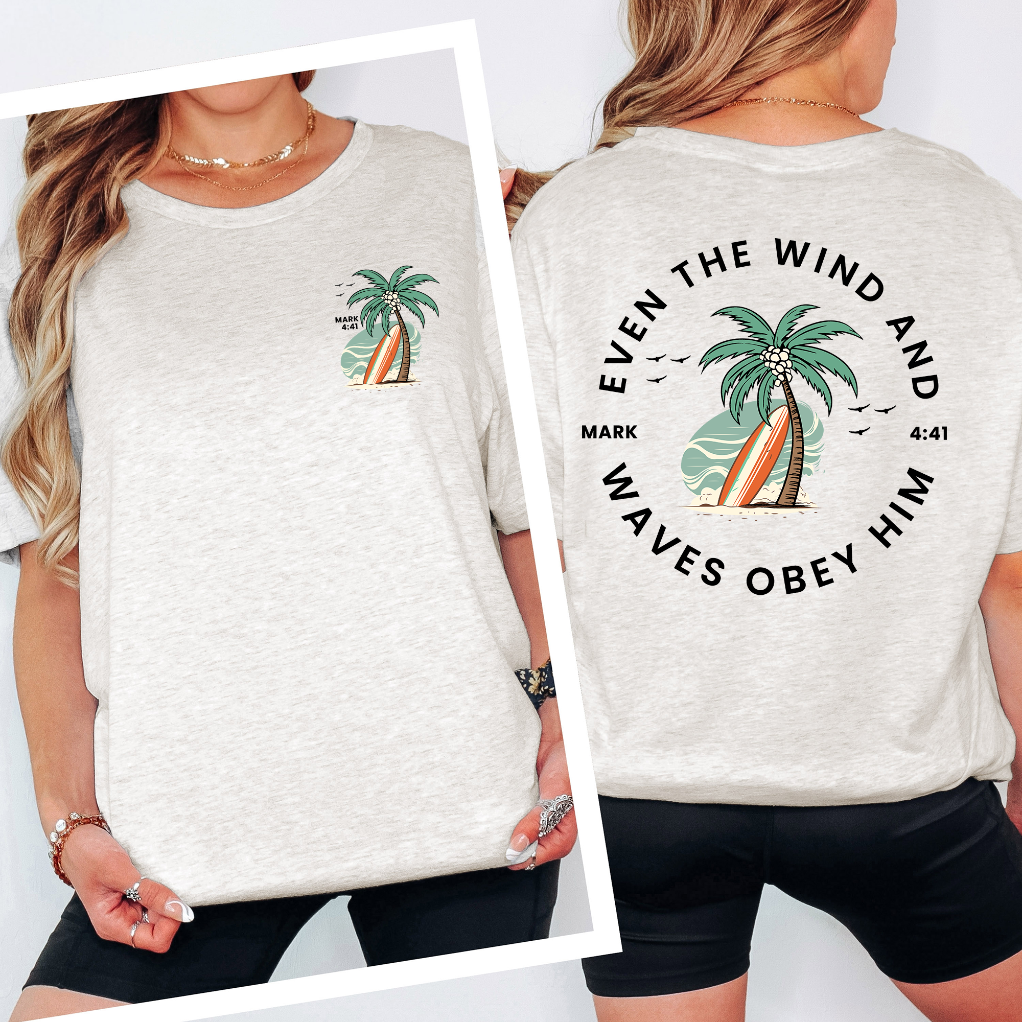 Even The Wind and the Waves, Christian Bible Verse Pattern T Shirt, Beachy Back Print Tops, Baptism, Ocean Shirt