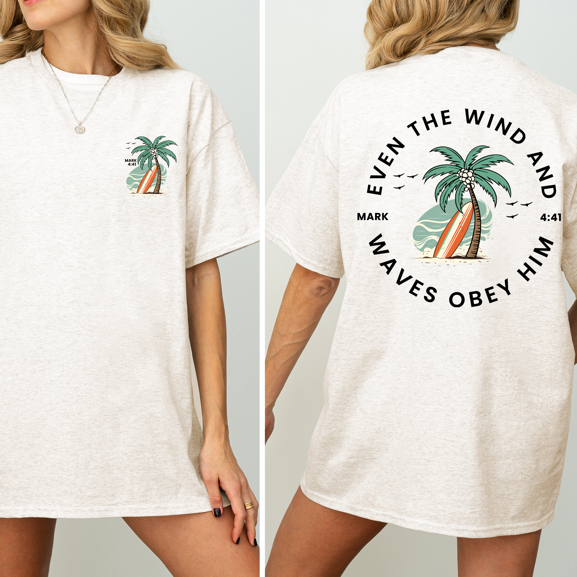 Even The Wind and the Waves, Christian Bible Verse Pattern T Shirt, Beachy Back Print Tops, Baptism, Ocean Shirt
