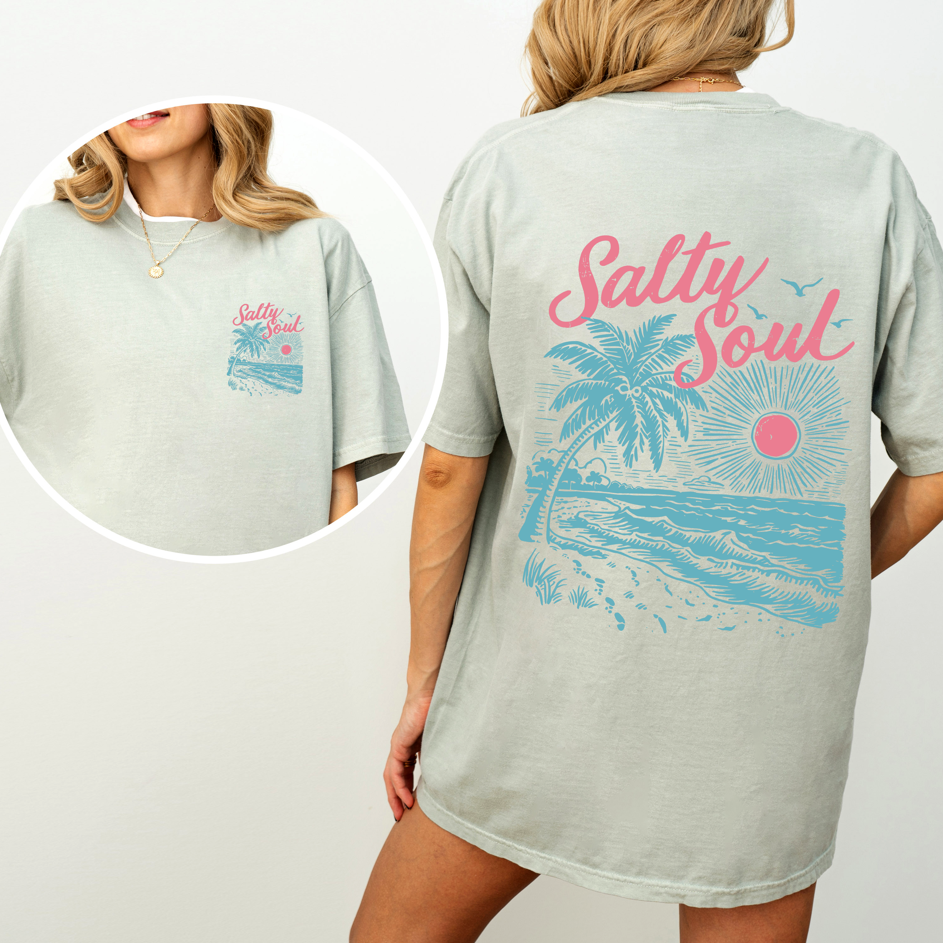 Salty Soul, Beach, Sunset, Palm Trees, Summer, Front and Back, Comfort Colors T-Shirt