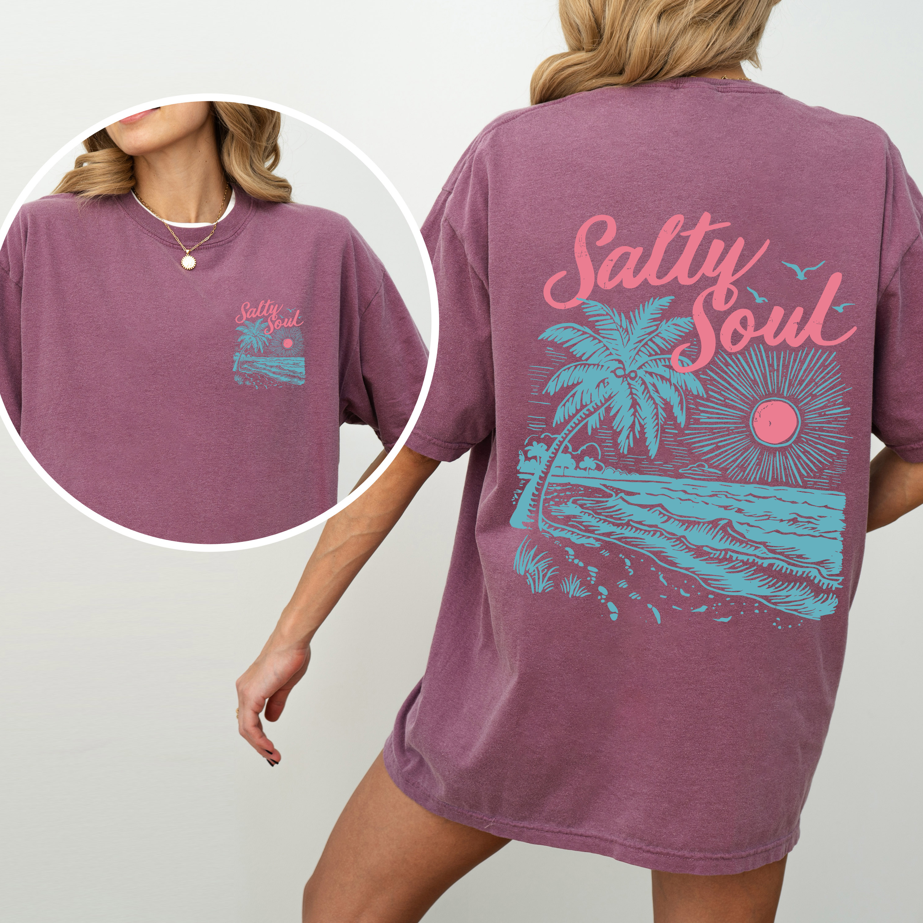 Salty Soul, Beach, Sunset, Palm Trees, Summer, Front and Back, Comfort Colors T-Shirt