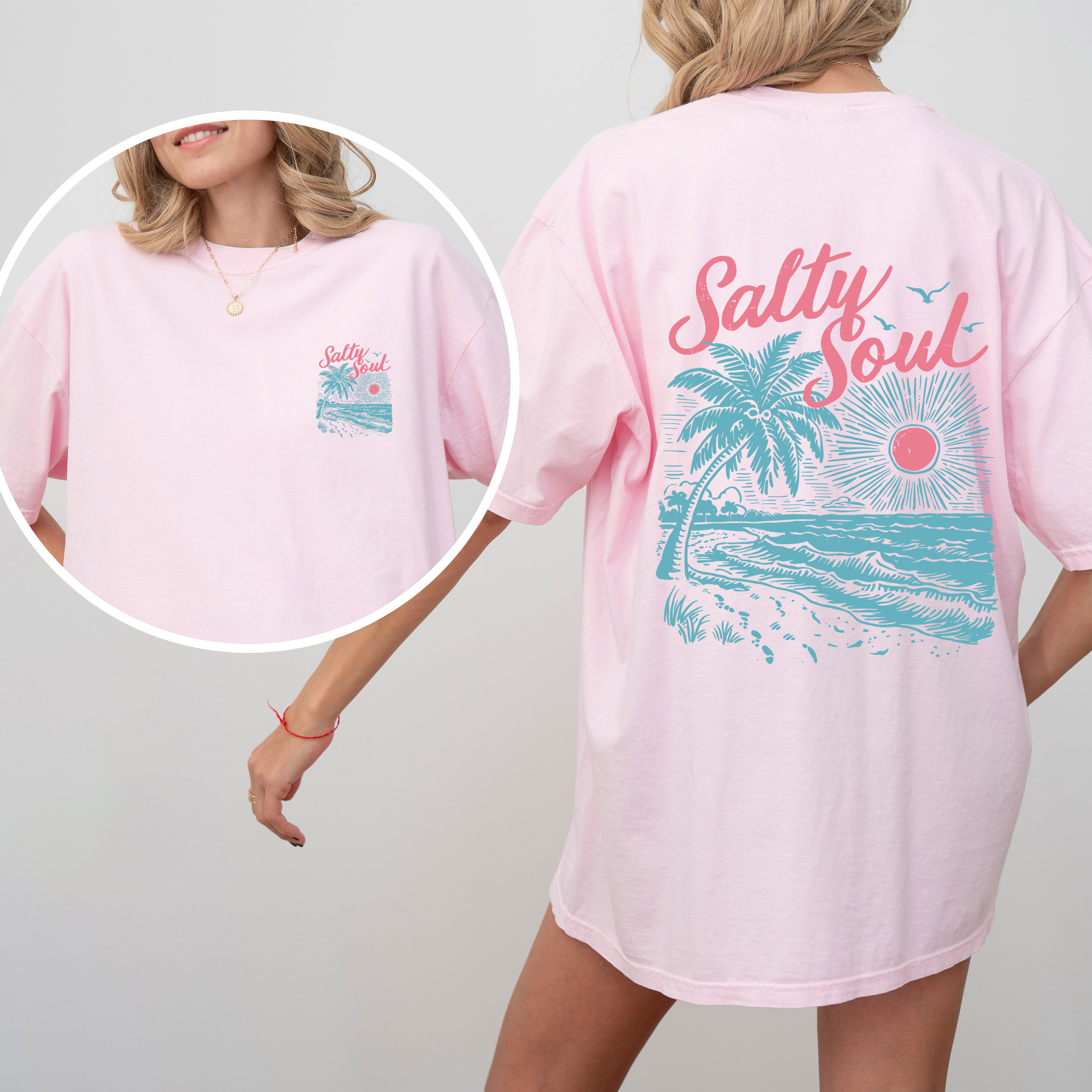 Salty Soul, Beach, Sunset, Palm Trees, Summer, Front and Back, Comfort Colors T-Shirt