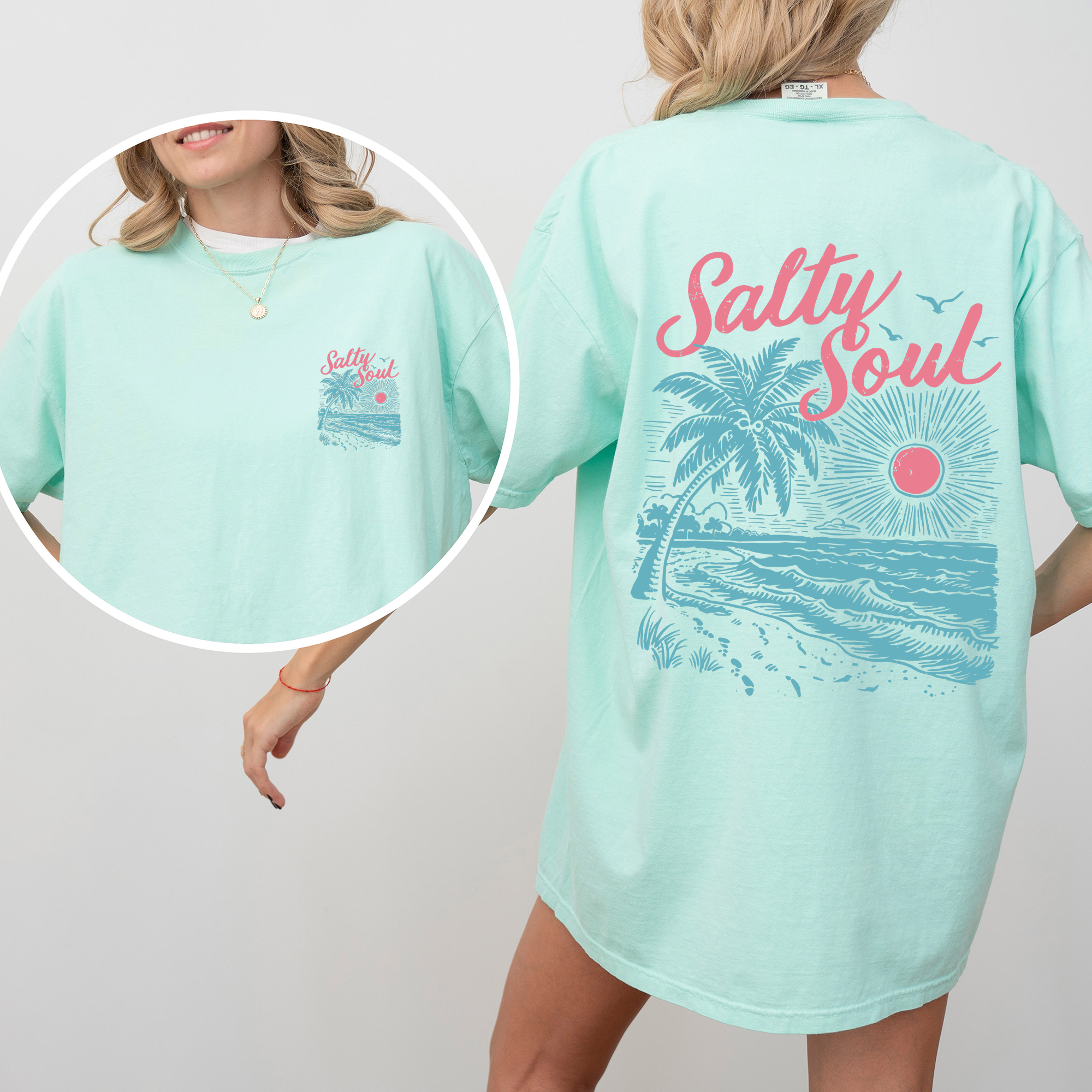 Salty Soul, Beach, Sunset, Palm Trees, Summer, Front and Back, Comfort Colors T-Shirt