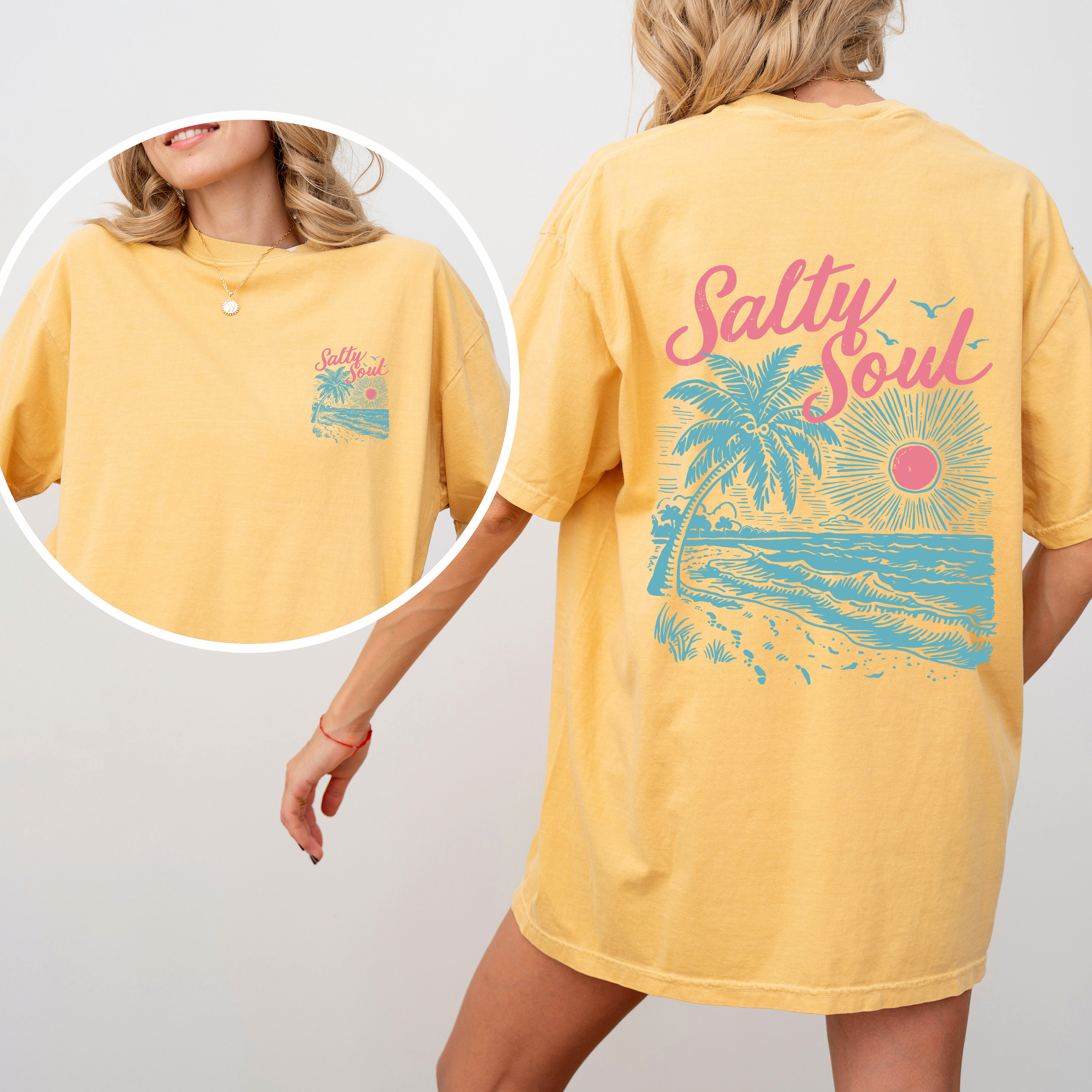 Salty Soul, Beach, Sunset, Palm Trees, Summer, Front and Back, Comfort Colors T-Shirt