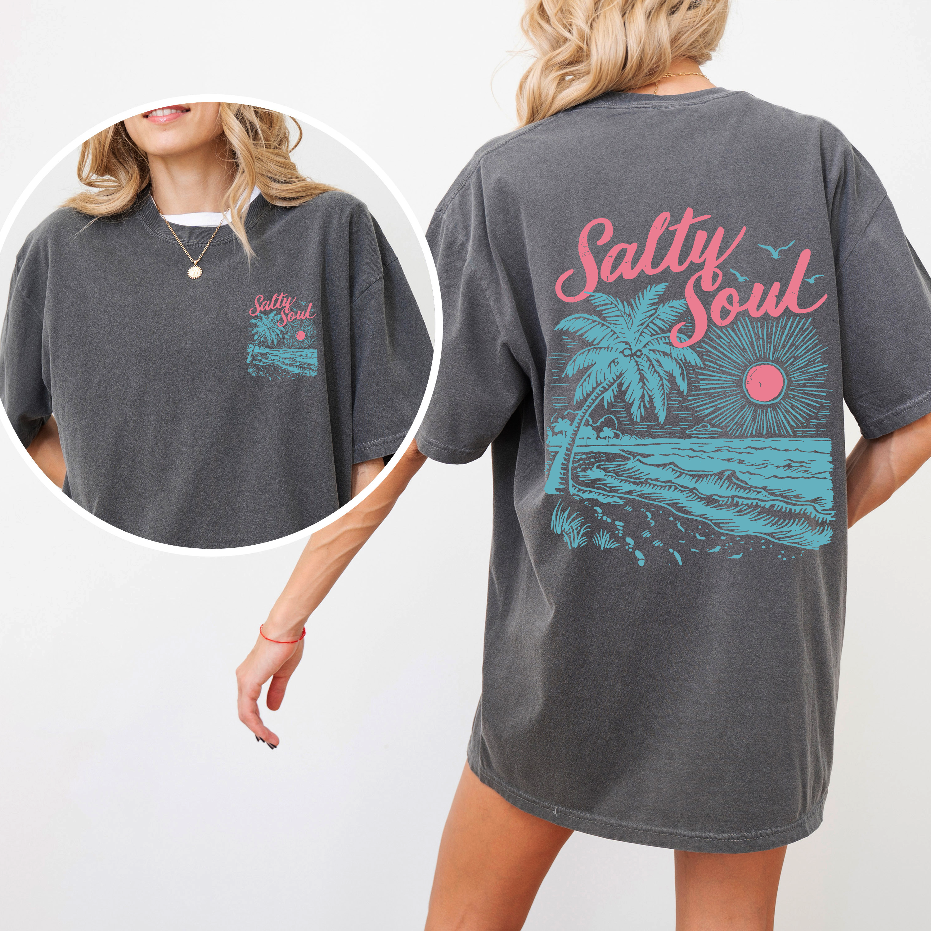 Salty Soul, Beach, Sunset, Palm Trees, Summer, Front and Back, Comfort Colors T-Shirt
